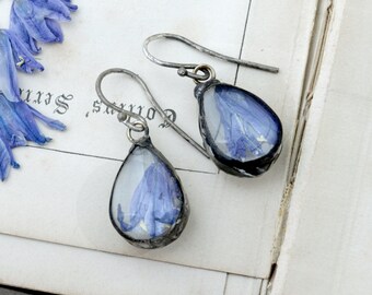 Bluebell earrings, real pressed flowers dangling earrings. Nostalgic gift for a woman in cottagecore style