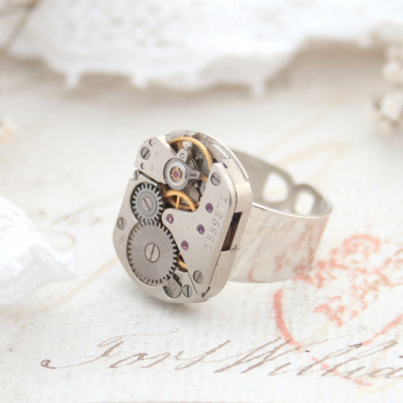 Mens Pinky Ring, Steampunk Ring, Steampunk Signet, Simple Silver Watch Movement Ring for Birthday Big rounded rectangl