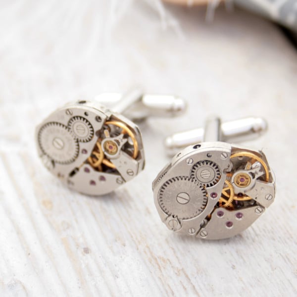 Steampunk Cufflinks, Anniversary Gift for Husband, Unique Cufflinks made of Mechanical Watch