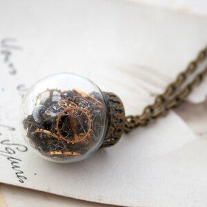 Steampunk Terrarium Necklace, Glass Ball Statement Necklace with Moveable Watch Parts image 5