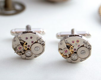 Steampunk Cufflinks made of antique timepieces, Grooms jewelry oval novelty cufflinks