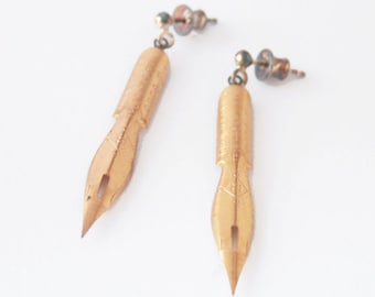 Book Earrings made of Antique Fountain Pen Nibs, Gold Coated Steel Victorian Nib Jewellery