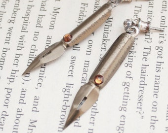 Long Earrings of Bronze Pen Nib, Statement Dangle Earrings, Graduation Gift for Teacher