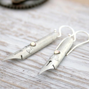 Bohemian Silver Earrings, Pen Nib Nostalgic Jewellery Gift For Writer image 2