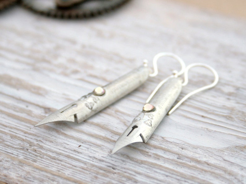 Bohemian Silver Earrings, Pen Nib Nostalgic Jewellery Gift For Writer image 2