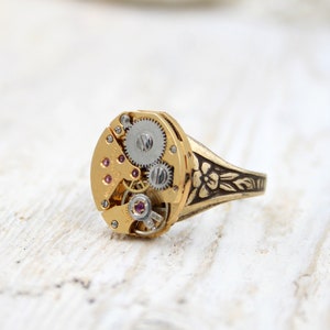 Steampunk Signet Ring: Gold Watch Movement, Adjustable Brass Band