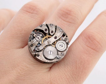 Steampunk Statement Ring of Repurposed Swiss Watch Movement Unisex Large adjustable Ring in Gothic style