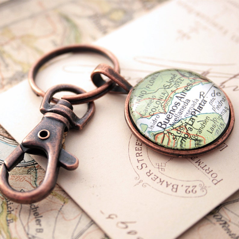 Copper Keyring Personalized Copper Anniversary Gifts, Keychain with custom Map destination 1 copper