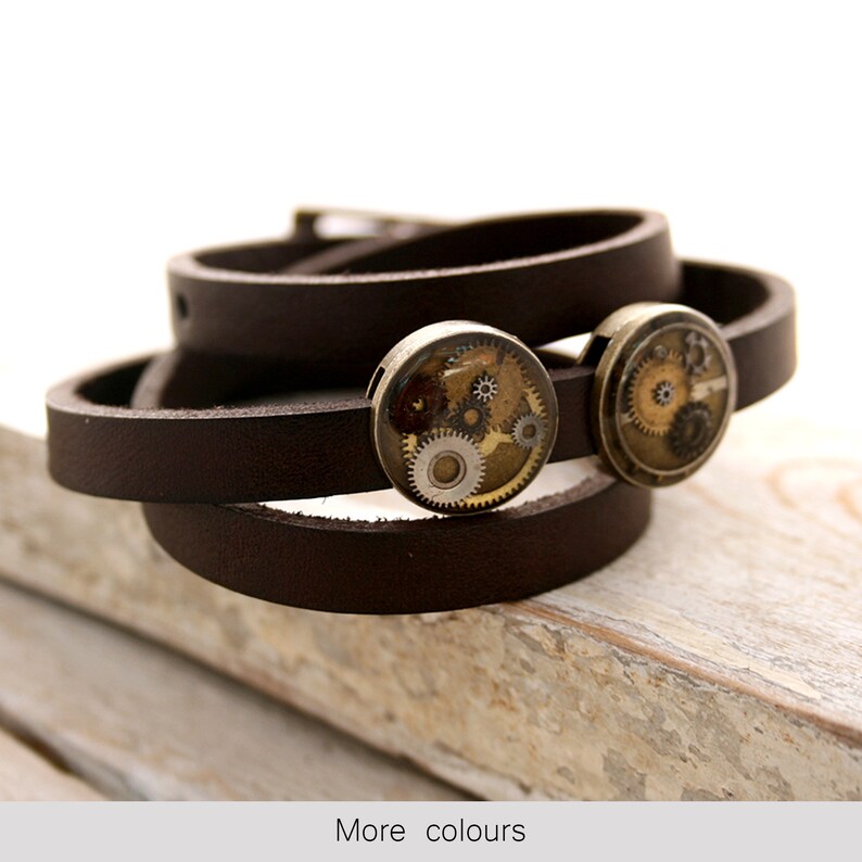 Steampunk Leather Bracelet for Men with cogs and gears image 1