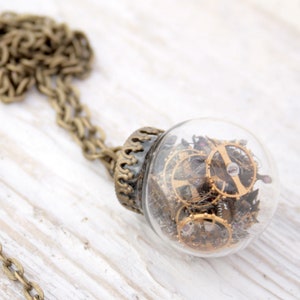 Steampunk Terrarium Necklace, Glass Ball Statement Necklace with Moveable Watch Parts image 2