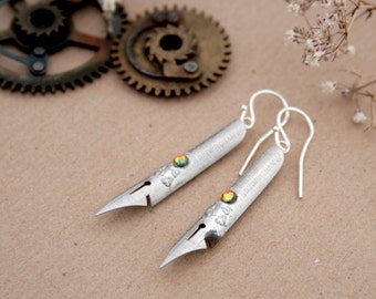 Silver Pen Nib Drop Earrings Nostalgic Gifts For Secretaries with Volcano Rhinestone