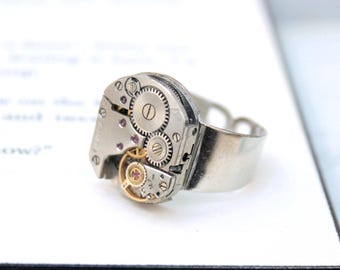 Steampunk Pinky Ring: Vintage Watch Movement, Real Ruby Accent