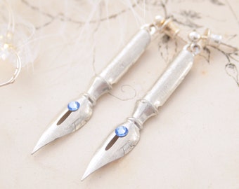 Fountain Pen Nib Earrings Rustic Jewelry Dangle Earrings, Gifts in Dark Academia Style, Silver Long Quirky Earrings Gift for Writer