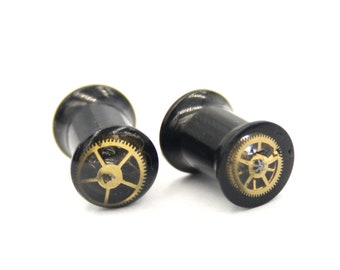 Plugs 6mm, Double Flared Steampunk Gauges filled with watch parts, Cosplay Ear Plugs
