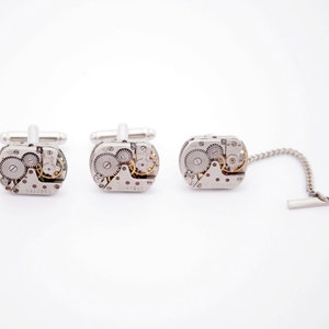 Cufflinks and Tie Tack with Chain, Watch Movement Tie pin and cuff links for Wedding Anniversary image 3