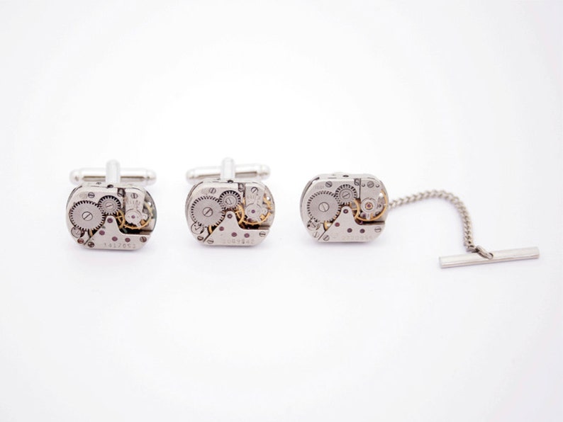 Cufflinks and Tie Tack with Chain, Watch Movement Tie pin and cuff links for Wedding Anniversary image 3