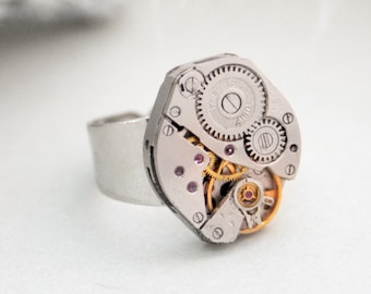 Steampunk signetring för henne, Statement-smycken tillverkade av urverk, justerbar
