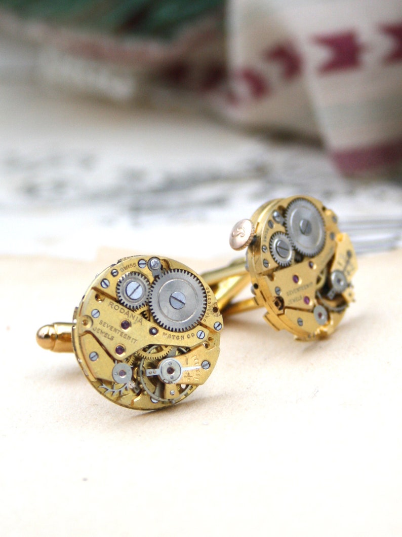 Cufflinks, Steampunk Golden tone Watch Parts mens jewellery, Wedding Anniversary Gift for Husband image 1
