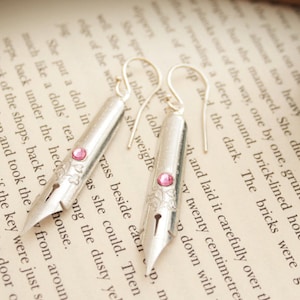 Pen Nib Drop Earrings Silver and Pink Crystal Jewellery Dip Pen Gift for a Writer / October Birthstone earrings