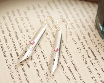 Pen Nib Drop Earrings Silver and Pink Crystal Jewellery Dip Pen Gift for a Writer / October Birthstone earrings