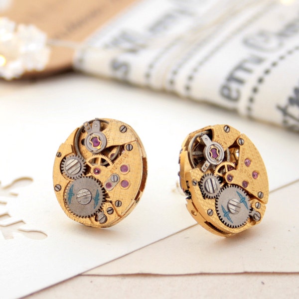 Steampunk Stud Earrings Gold Watch Movement Jewellery Sterling Silver Post Rocker Earrings Industrial Jewelry