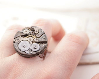 Statement Ring Steampunk Gifts Jewellery Clockwork Ring Steam Punk Watch Grey Unisex Ring Jewelry Huge Ring Xmas Gifts Ready to ship