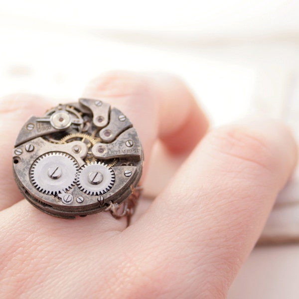 Statement Ring Steampunk Gifts Jewellery Clockwork Ring Steam Punk Watch Grey Unisex Ring Jewelry Huge Ring Xmas Gifts Ready to ship