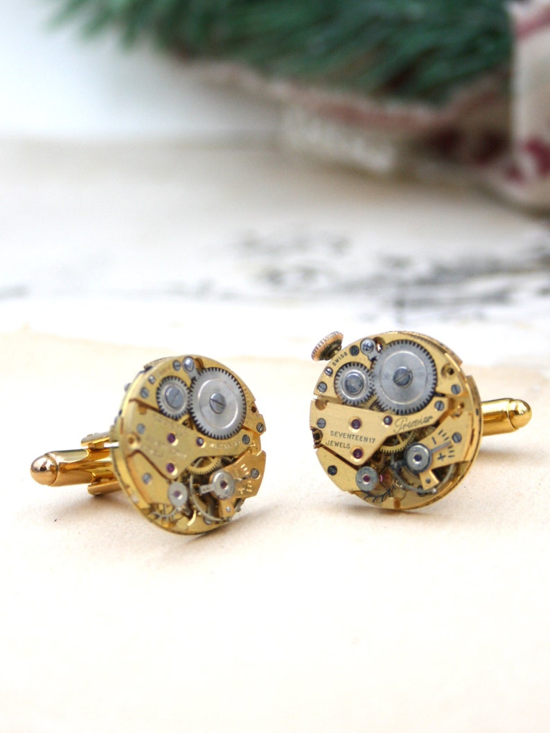 Cufflinks, Steampunk Golden tone Watch Parts mens jewellery, Wedding Anniversary Gift for Husband image 3