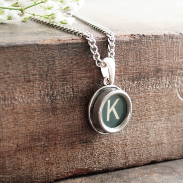 Personalised Necklace GREEN Monogram Name Letter Necklace Jewelry Typewriter Key Customized Jewelry Vintage Typewriter Gift for a Writer