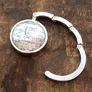 Purse hook, foldable purse hanger with custom map location, Personalised Hen Party Favour or Gift