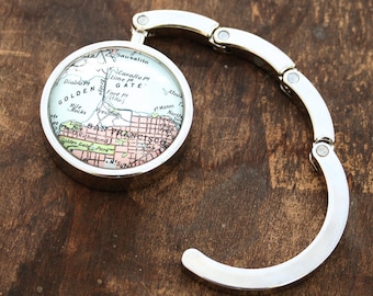 Purse hook, foldable purse hanger with custom map location, Personalised Hen Party Favour or Gift