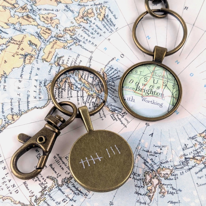 Brighton Keychains Personalized Bronze Map Keyring: Custom Location Keychain for 8th ...