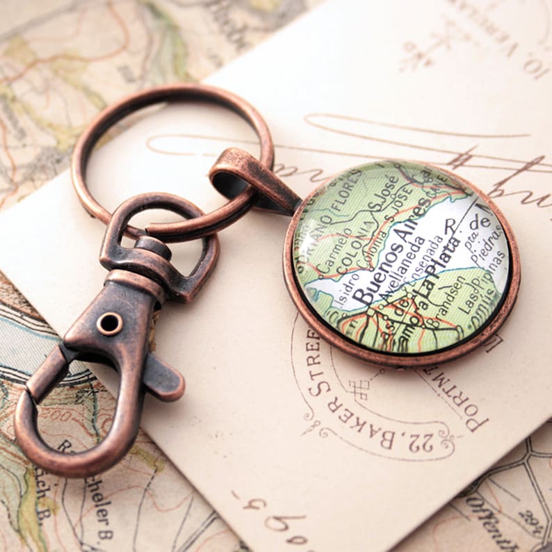 Copper Keyring Personalized Copper Anniversary Gifts, Keychain with custom Map destination image 1