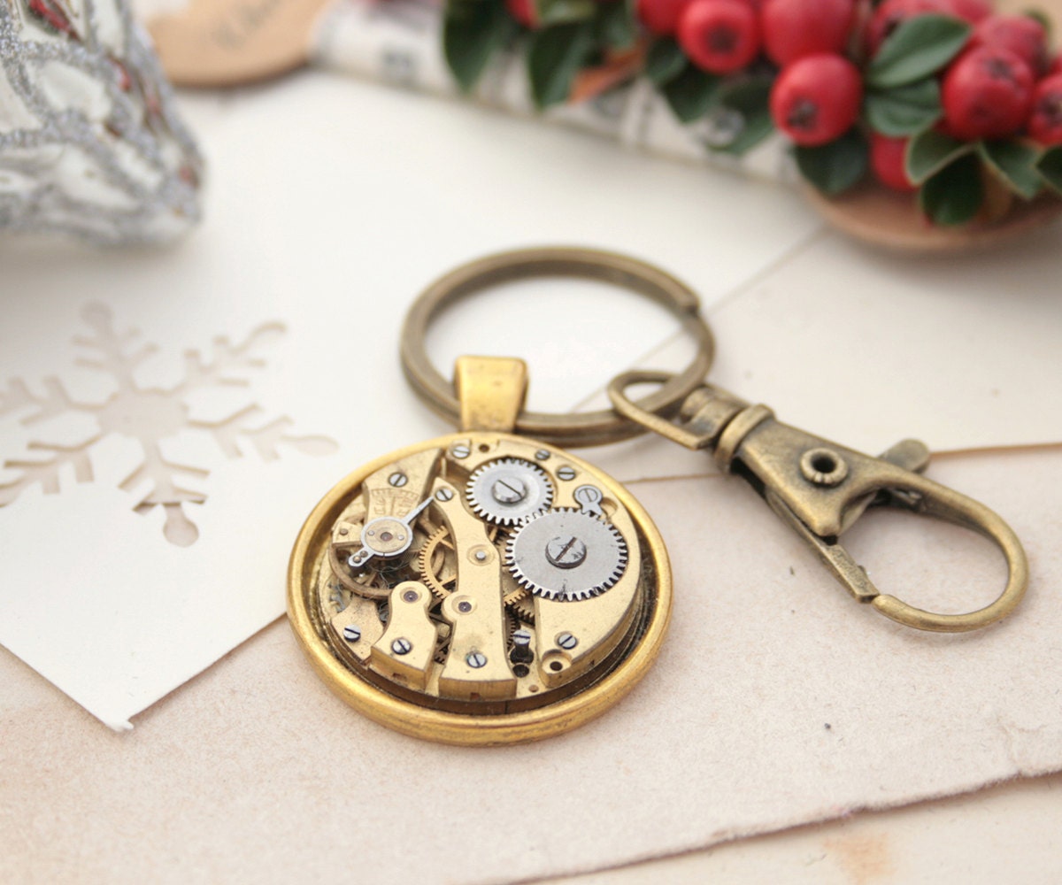 Steampunk Keychain Gold Watchwork Keyring Housewarming Gift Etsy