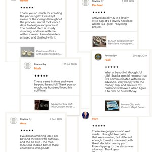 May include: A collage of customer reviews for personalized jewelry and accessories. The reviews highlight the quality, craftsmanship, and customer service of the shop. The reviews include images of the products, such as cufflinks, necklaces, and tie clips.