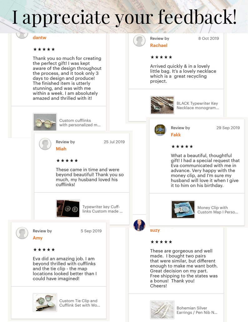 May include: A collage of customer reviews for personalized jewelry and accessories. The reviews highlight the quality, craftsmanship, and customer service of the shop. The reviews include images of the products, such as cufflinks, necklaces, and tie clips.
