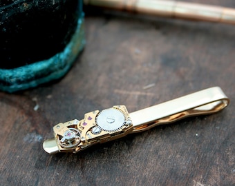 Steampunk Tie Clip with Swiss watch movement, Holiday Gifts for Men, Golden anniversary gift for Him