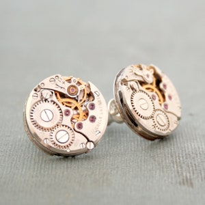 Men's Stud Earrings, large round steampunk post earrings in silver color for men, gift for boyfriend made of real watches