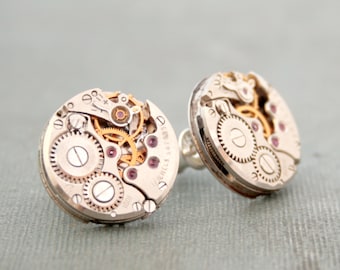 Steampunk Watch Movement Stud Earrings: Sterling Silver Post