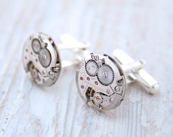 Modern Cufflinks with Steampunk watch movements and Sterling Silver/ Luxurious Xmas Gifts for Men