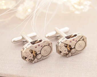 Steampunk cufflinks of watch mechanisms, Silver Cuff links for Watch lover