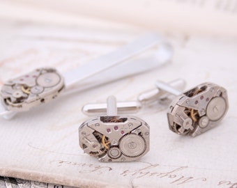 Steampunk Cufflinks and Tie clip set made of Watch Movement