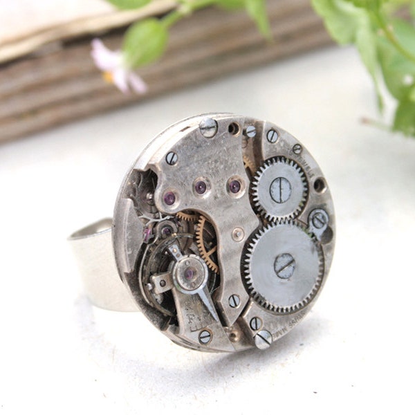 Zilveren Zegel Ring Steampunk Sieraden Heren Zegel Ring Uurwerk Sieraden Steam Punk Horloge Grijs Ring Sieraden Statement Ring