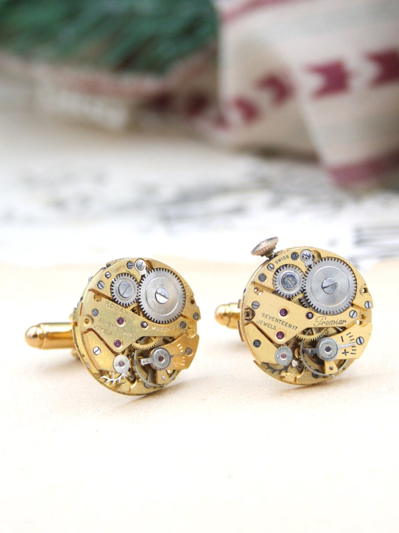 Cufflinks, Steampunk Golden tone Watch Parts mens jewellery, Wedding Anniversary Gift for Husband image 5