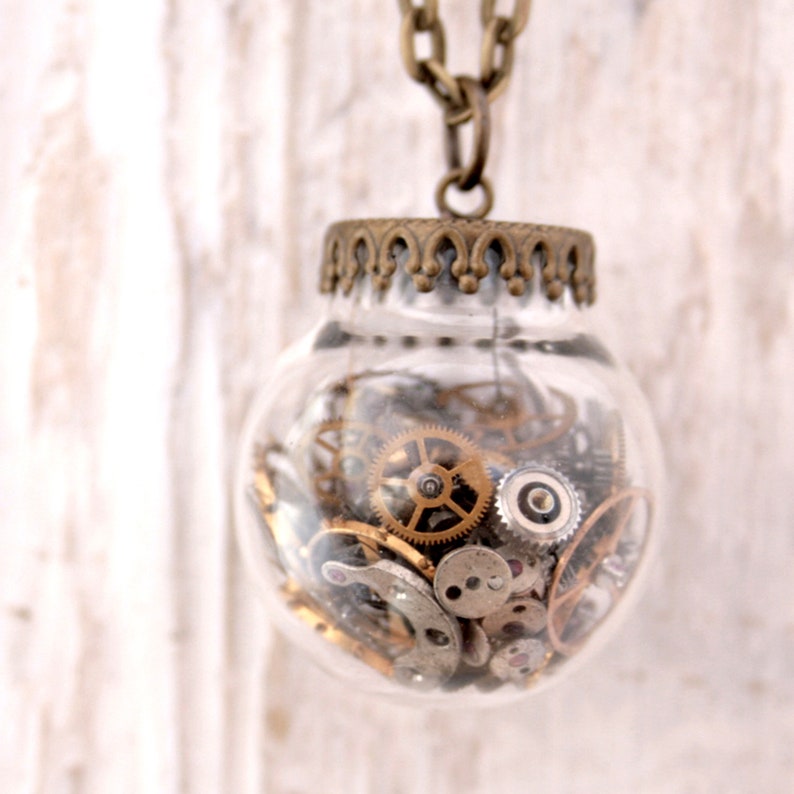 Steampunk Terrarium Necklace, Glass Ball Statement Necklace with Moveable Watch Parts image 3