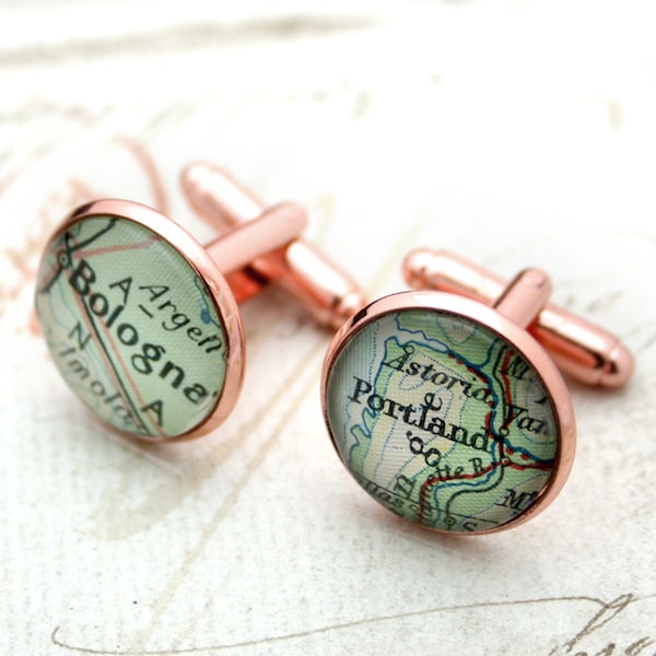 Rose Gold Cufflinks with Custom Map Long Distance Relationship Gifts for Boyfriend Rose Gold Map Cuff links Custom Gifts Travel Maps