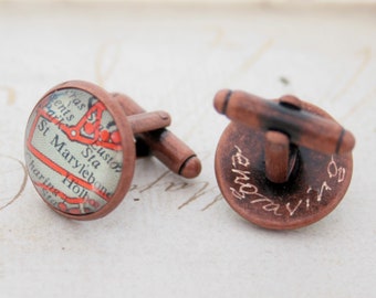 Personalized Map Cufflinks, Engravable Unique Gift for Traveler for Copper Anniversary Gift for Him