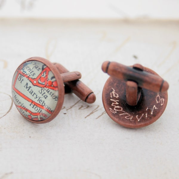 Personalized Map Cufflinks, Engravable Unique Gift for Traveler for Copper Anniversary Gift for Him