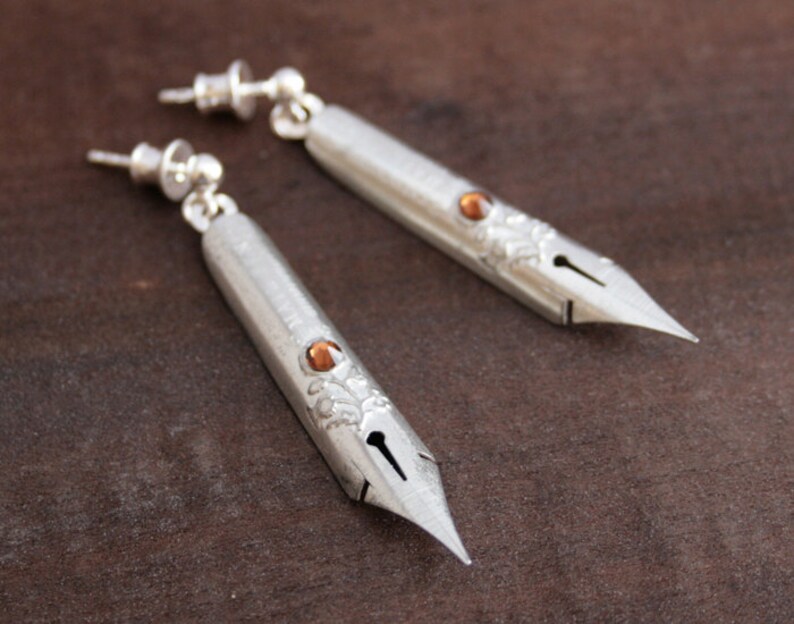Fountain Pen Nib Silver Dangle Earrings With Brown Crystals Etsy