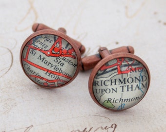 Copper Cufflinks, Custom Map Cuff links, Personalized Copper Wedding 7th Anniversary Gift for Husband